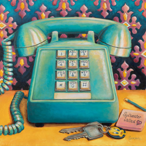 a painting of a telephone, pencil, and keys